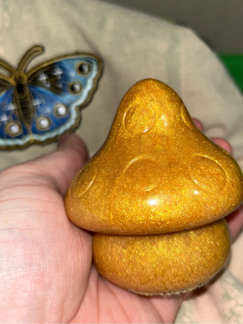Sparkly Gold Colored Resin Whimsical Fairy Mushroom Decor Figurine - Picture 2 of 6
